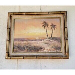 Gordon oil on canvas palm tree beach scene painting framed 16x12 seascape...